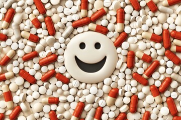 Wall Mural - Creative composition of red and white pills arranged around a central smiley face symbolizing the positive impact of healthcare and medication on mental health