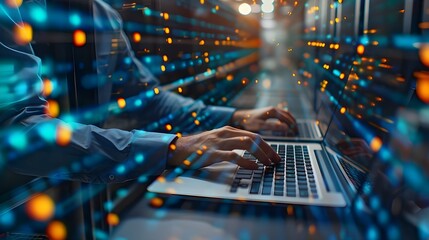 A man at a data center using a laptop. The digital world is in the hands of a man with expertise.