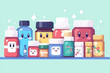 Poster - Illustration of various medicine jars with happy faces on a turquoise background representing a positive and holistic approach to healthcare and well being