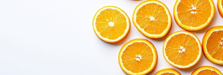 Wall Mural - Fresh Orange Slices on White Background - A vibrant arrangement of fresh orange slices on a white background, symbolizing health, vitality, citrus, summer, and refreshment.