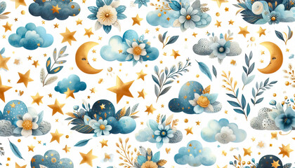 Seamless pattern with blue clouds, gold stars and moons. Watercolor hand drawn kids illustration. white isolated nursery background