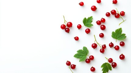 Canvas Print - Fresh Red Currants with Green Leaves on White Background - Scattered red currants with green leaves on a white background. These vibrant berries represent freshness, summer, and natural beauty. The wh