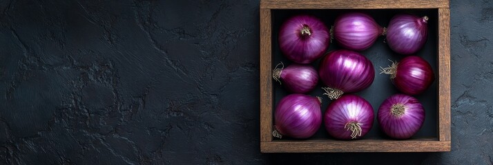 Canvas Print - Fresh Red Onions in Wooden Box on Dark Background - A wooden box filled with fresh red onions on a dark background, symbolizing healthy food, vibrant colors, rustic charm, kitchen essentials, and culi