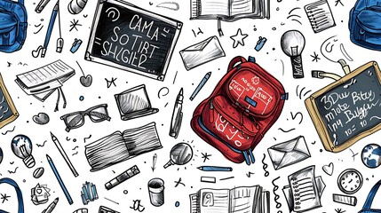 Canvas Print - A seamless doodle pattern featuring a chaotic classroom scene with scattered desks, chairs, chalkboards, and backpacks, drawn in a playful hand-drawn style, vibrant colors,