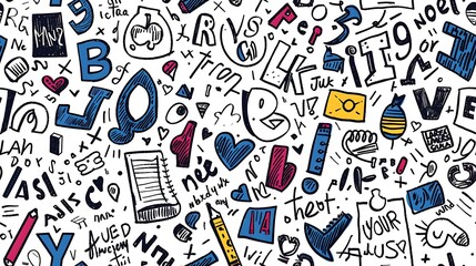 Poster - A seamless doodle pattern featuring a chaotic mix of letters and numbers in different fonts and sizes, scattered throughout the design, vibrant colors, on a white background, fun and whimsical,