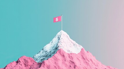 A colorful mountain peak with a dollar sign flag symbolizes success and financial achievement in modern digital art.