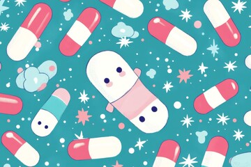 Poster - Close up of colorful capsules with happy faces on a dark background representing the positive and joyful aspects of modern medicine and pharmaceuticals