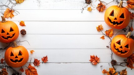 Wall Mural - Halloween Pumpkins on White Wooden Background - Three carved pumpkins with spooky faces, autumn leaves, and pine cones create a festive Halloween atmosphere on a white wooden background.