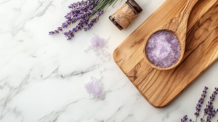 Lavender Bath Salts with Wooden Spoon on Marble Background - Lavender bath salts in a wooden spoon, along with lavender sprigs, a glass bottle, and a wooden board, on a marble background. The image sy