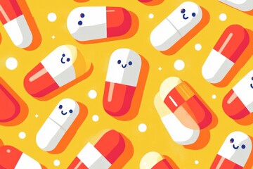 Sticker - Pattern of smiling capsules on a yellow background representing the positive and joyful impact of medication on health and wellness