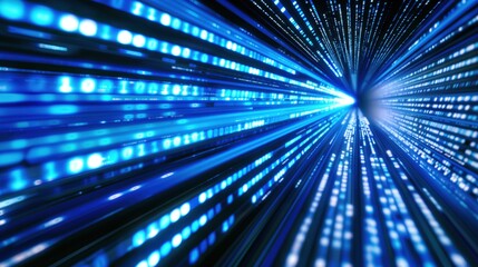 Fototapete - A burst of blue light radiates outward, representing fast data transmission in a dynamic digital landscape, highlighting the concept of rapid technological advancement