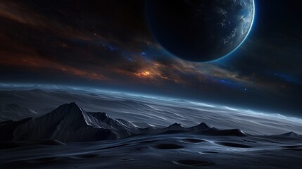 Wall Mural - a distant planet looms above a stark lunar surface, illuminated by a soft glow as twilight descends 