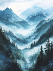 Sticker - Misty Mountain Valley, Serene Nature Landscape - A breathtaking vista of a mountain valley shrouded in mist. The towering peaks, lush forests, and ethereal fog create a sense of peace and tranquility.