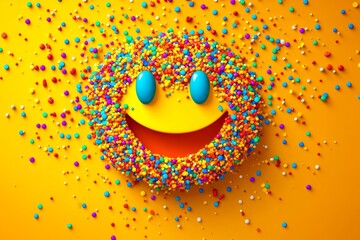 Poster - Happy Face Emerging from a Burst of Confetti and Pills in a Joyful and Lively Digital Artwork for Positive Healthcare Themes