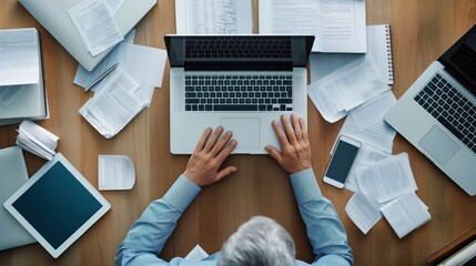 Poster - A person concentrates on a laptop surrounded by papers, tablets, and a smartphone, illustrating a busy workspace filled with various professional tasks