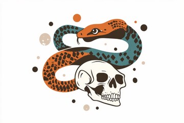 Colorful snake coiled around a skull with abstract dots on white background