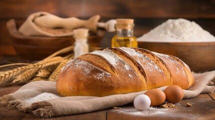 Freshly baked bread on a rustic wooden table, surrounded by ingredients like flour, eggs, and butter, warm and inviting atmosphere, artisanal baking, texture of crust