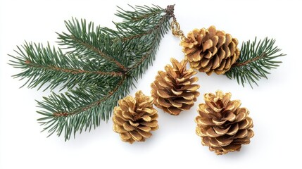 Wall Mural - Spruce branches and golden pine cones christmas decoration isolated on white background