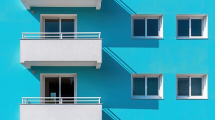 A striking blue apartment building showcases modern architecture with balconies and windows casting clean geometric shadows during the day