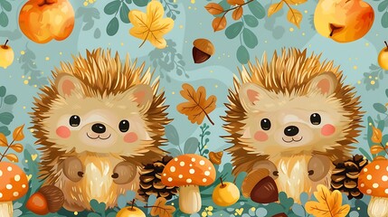 Wall Mural - A seamless pattern of charming cartoon hedgehogs rolling in a bed of apples and mushrooms, with acorns and pinecones in the background, rich earthy tones, soft lighting, detailed textures, hd quality,