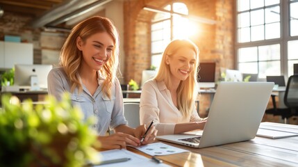 Two women enthusiastically work together on a laptop, sharing ideas and notes in a stylish, sunlit office filled with greenery and modern furniture