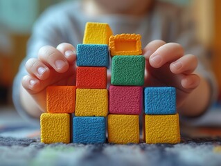 closeup of tiny hands eagerly grasping colorful building blocks soft natural light illuminates the scene highlighting the joy of learning through play and the development of fine motor skills