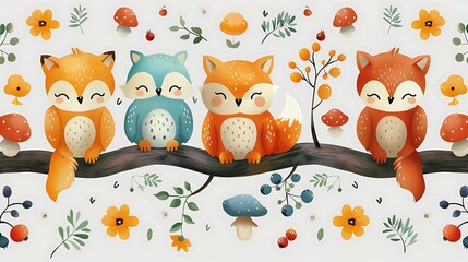 Wall Mural - A seamless pattern of charming cartoon owls perched on branches, with bears and foxes playing below, surrounded by mushrooms and berries, rich earthy tones, detailed textures, hd quality,