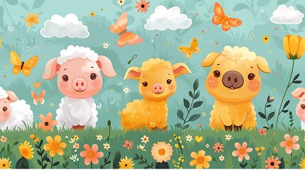 Wall Mural - A seamless pattern of charming cartoon pigs and sheep playing in a barnyard, surrounded by haystacks, flowers, and butterflies, bright and warm colors, soft textures, hd quality, natural look.