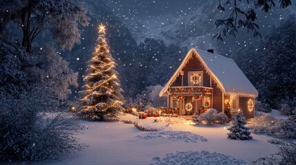 Weihnachtlich dekoriertes Haus in verschneiter Landschaft mit festlichen Lichterketten und Schnee auf dem Dach, Weihnachtsbaum im Garten, Weihnachtsstimmung, Berge und Schneelandschaft