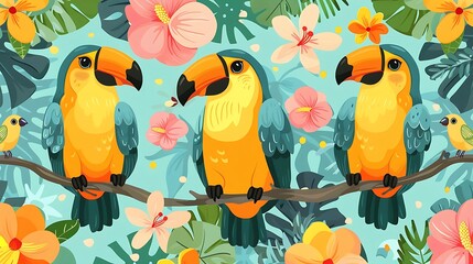 Wall Mural - A seamless pattern of charming cartoon toucans and parrots perched on branches with tropical orchids and ferns, bright colors, detailed feather and foliage textures, soft lighting, hd quality,