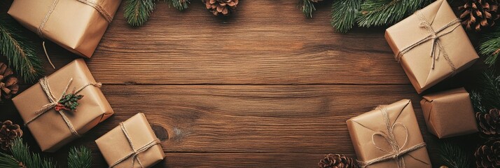 Poster - Rustic Christmas Gift Boxes on Wooden Background - A flat lay of rustic brown gift boxes with twine and pine branches on a wooden background, symbolizing Christmas, tradition, giving, celebration, and