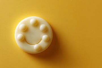 Poster - Minimalist Happy Pill with Paw Print on a Bright Yellow Background Representing Positivity and Care in Healthcare and Pet Wellness