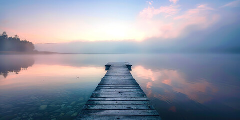 Poster - Wooden platform on a foggy lake