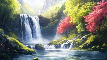 Sticker - Serene Waterfall in a Lush Forest - A cascading waterfall flows through a lush forest, surrounded by vibrant greenery and a single tree with bright red leaves. It symbolizes tranquility, nature's beau