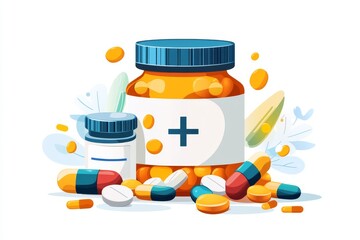 Sticker - Happy and Cute Pill Bottles in a Playful Digital Illustration Representing Positivity and Care in Healthcare on a Soft Blue Background