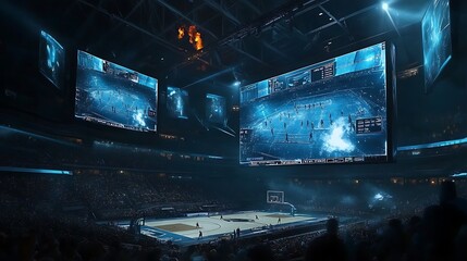 A high-tech sports arena with digital scoring systems and interactive audience features