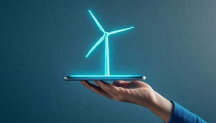 Renewable Energy Innovation Concept. a glowing wind turbine emerging from a digital tablet.  energy management, optimizing power generation and enhancing efficiency.
