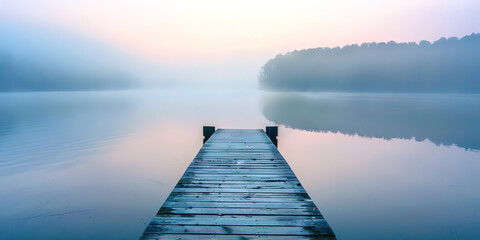 Poster - Wooden platform on a foggy lake