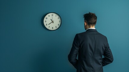 A professional man in a suit stands with his back to the camera, observing a clock on a blue wall, indicating a moment of contemplation