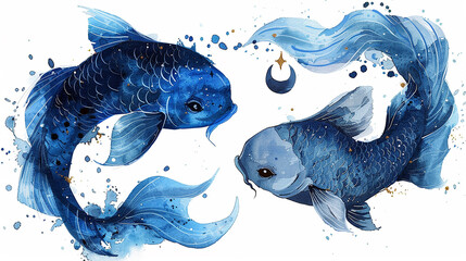 Two blue fish in profile with tails forming a yin-yang shape against a starry sky.