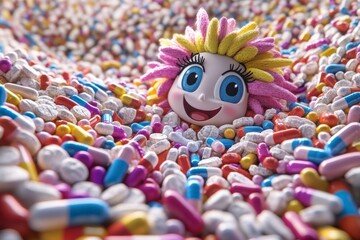 Sticker - Playful and Joyful Pill Faces Amidst a Sea of Capsules Representing Fun and Positivity in Healthcare