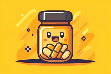 Sticker - Cute Pill Bottle Character on a Yellow Background with Radiating Lines Representing Joy and Positivity in Healthcare