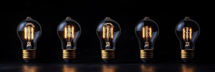 Poster - 5 Glowing Light Bulbs on Black Background - Ideas, Innovation, and Inspiration - Five incandescent light bulbs illuminate a dark background, symbolizing ideas, innovation, inspiration, creativity, and