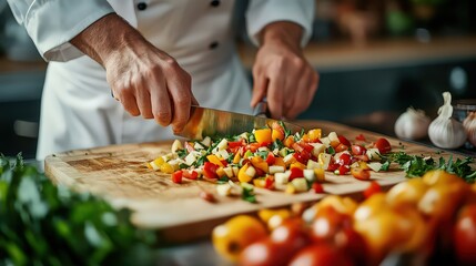 Wall Mural - professional chef skillfully chopping a variety of colorful vegetables on a wooden cutting board, with precise knife technique and neatly sliced ingredients visible.