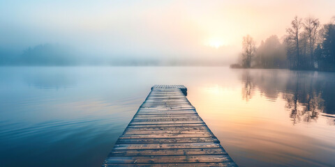 Poster - Wooden platform on a foggy lake