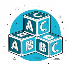 Minimalist blue and white alphabet blocks illustration with stars, early childhood education concept