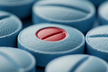 Sticker - Close Up of Red Capsule on Blue Pills Representing Individuality and Focus in Healthcare