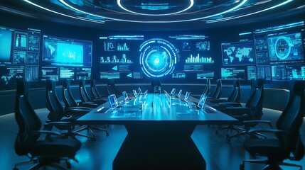 Poster - A high-tech virtual conference room with holographic participants and digital presentations