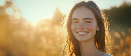 Subtle smile slight head tilt inviting body language of a young woman in a natural outdoor setting soft sunlight gentle breeze