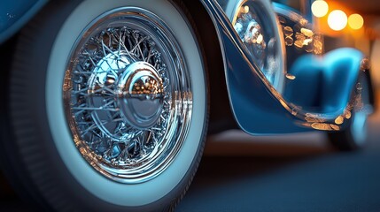 A close-up of a vintage car's ornate chrome wheel, showcasing its intricate design and polished finish against a retro backdrop.